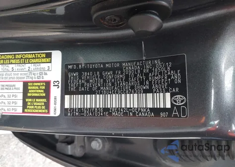 2012 Toyota Corolla Le из США, поврежденный, VIN 2T1BU4EE9CC876309